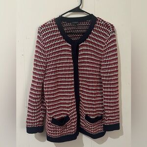 Talbots Medium Red White Navy Crochet Knot Button Up Cardigan